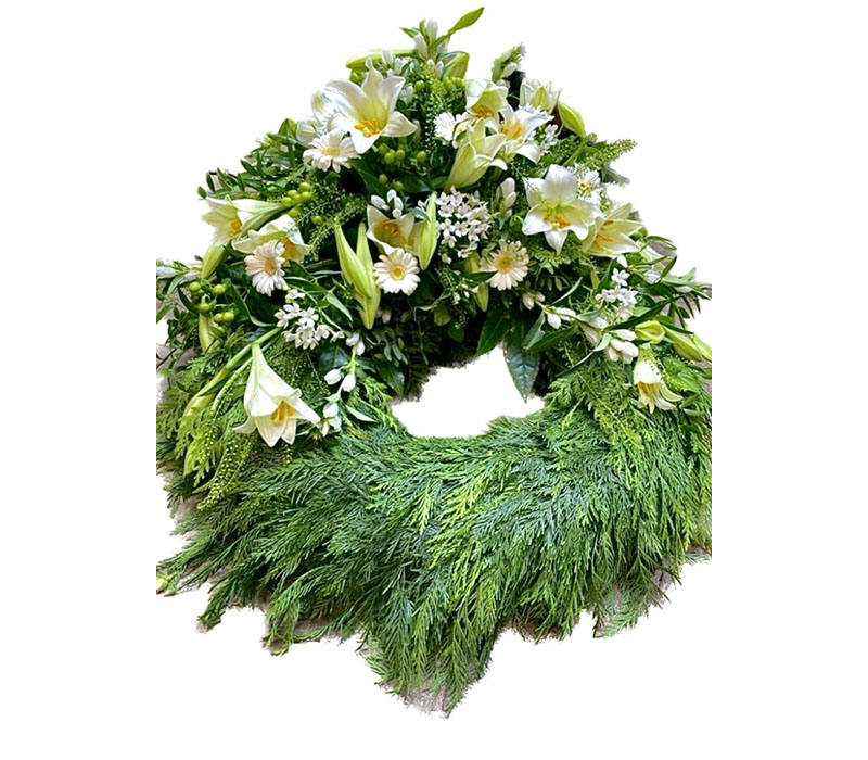 Blumen Nicolaye - Trauerkranz mit weisser Garnitur
